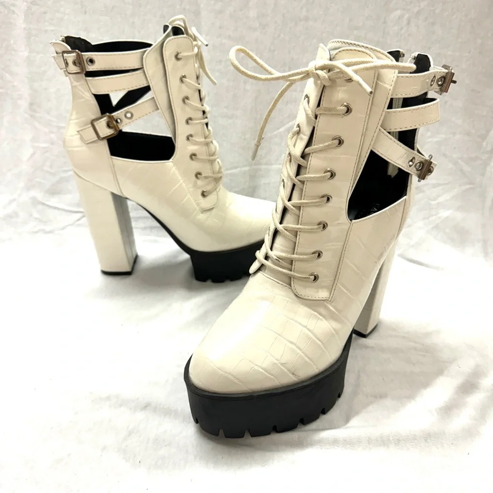 FASHION NOVA STAX platform boots high heels 8.5 white faux CROC ankle booties